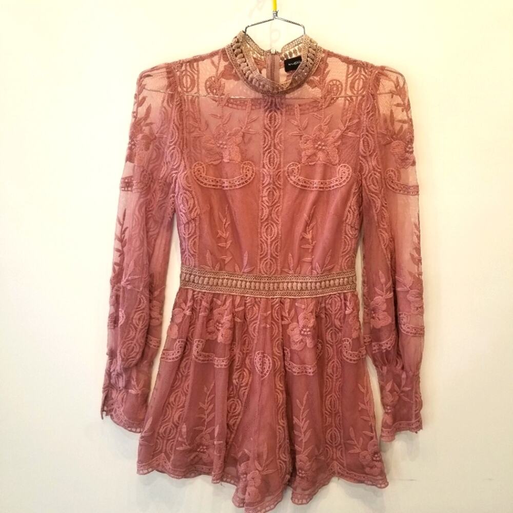 Mustard Seed Sheer Lace Romper Long Sleeve Embroidered Size M‎